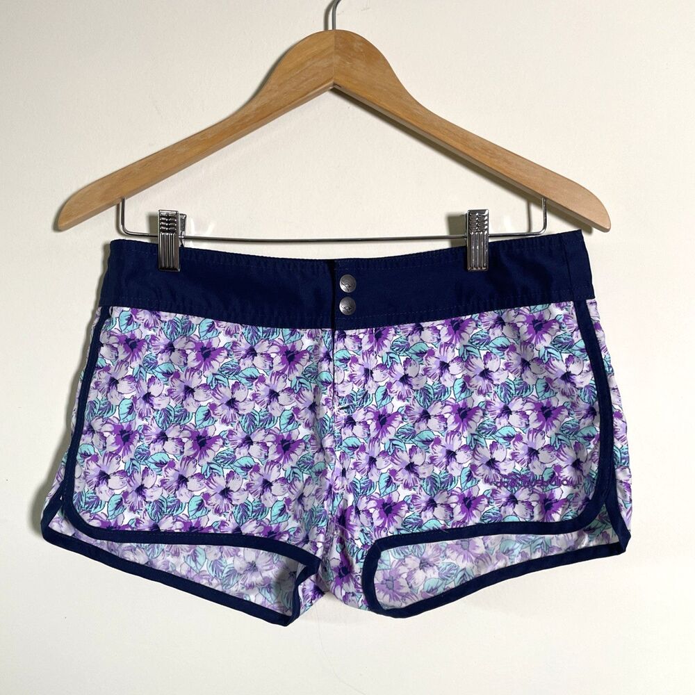 Doo Australia Women’s Floral Swim Board Shorts Size Small Blue Purple Pocket Y2K